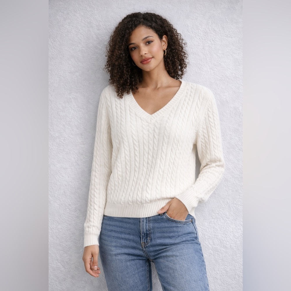 Croft & Barrow Cable Knit Sweater Women’s XL Ivory V Neck Cozy